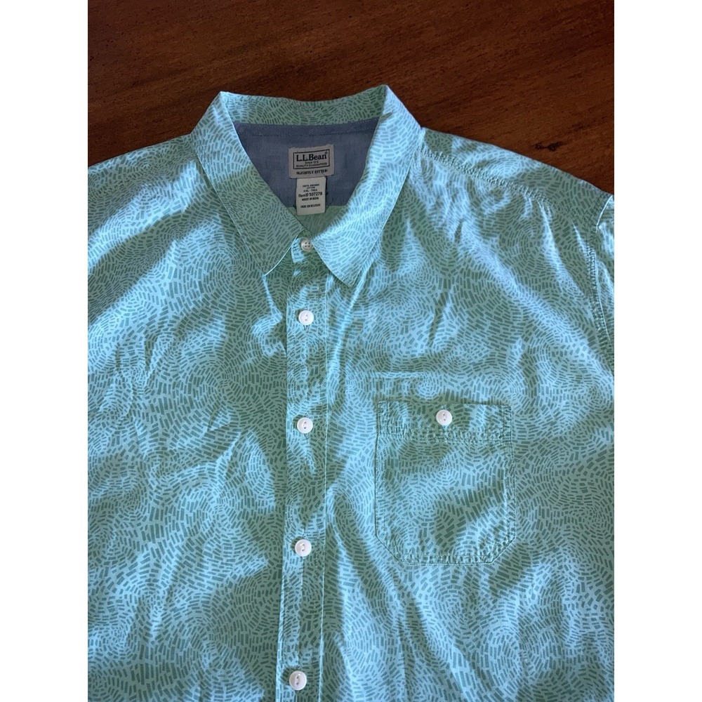 L.L.Bean XXL Tall Green Camp Shirt Organic Cotton Short Sleeve Geometric - Picture 2 of 6